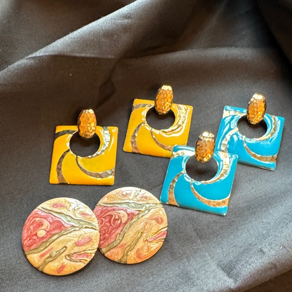 Gold plated Enamel Vintage Geometric 1980’s Earrings Sets 3 sets in EUC